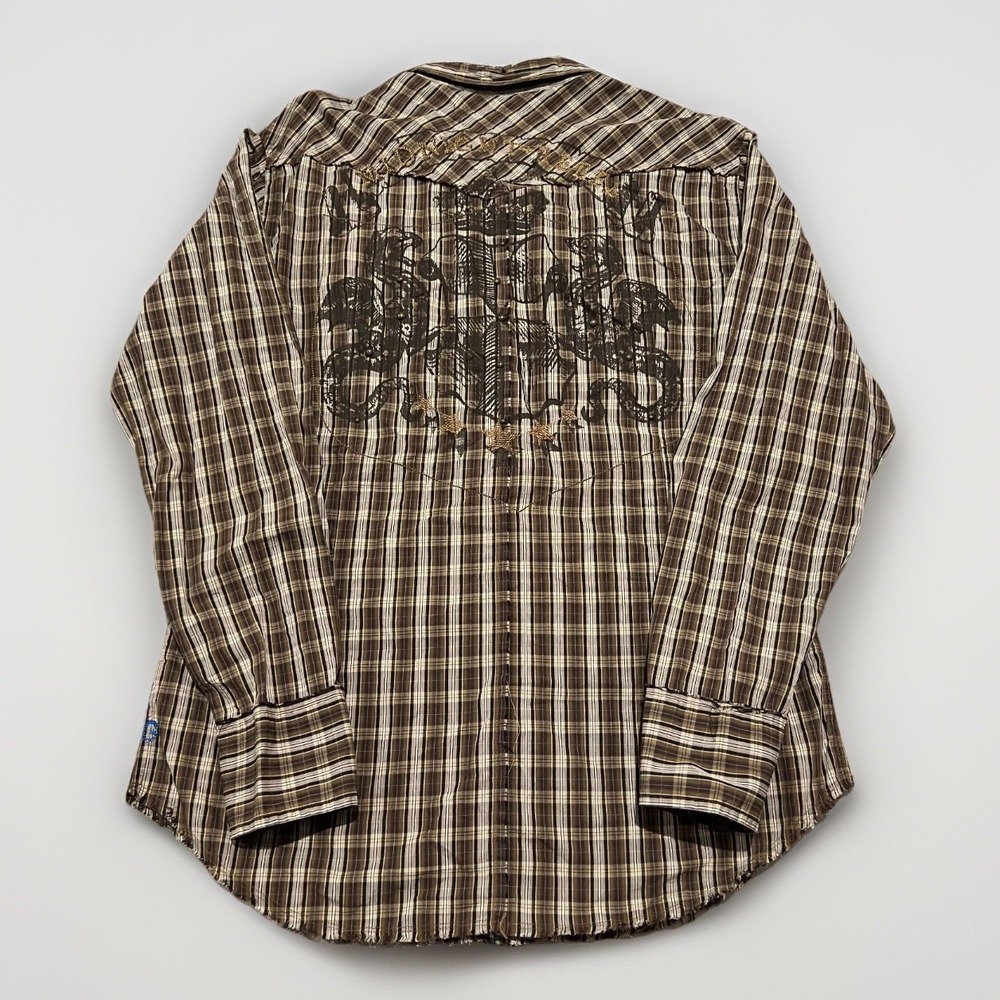 Guess Mens Brown Plaid Pearl Snap Y2K Chain Stitch Midnight Rebel Shirt Size L